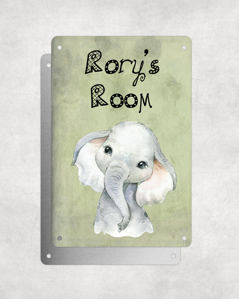 Cute Animal Personalised Name Plaque – Baby Elephant | Vintage-Style Green Aluminium Sign for Kids’ Room
