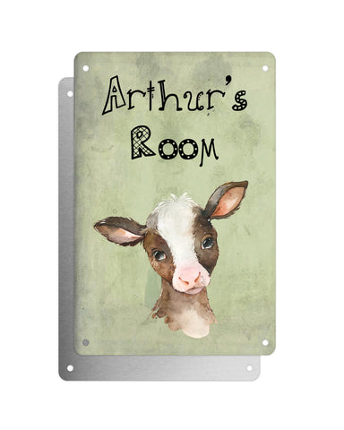 Cute Animal Personalised Name Plaque – Baby Calf | Vintage-Style Green Aluminium Sign for Kids’ Room