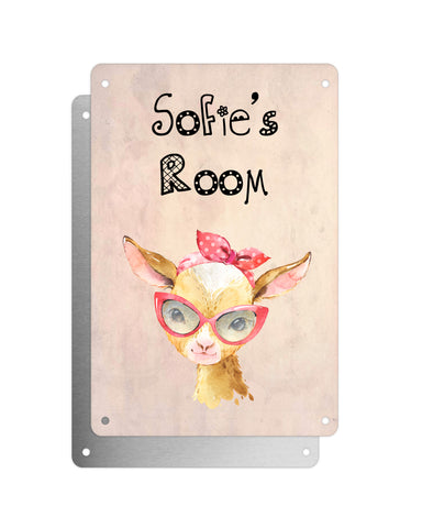 Cute Animal Personalised Name Plaque – Baby Goat with Head Tie Vintage-Style Aluminium Sign for Kids’ Room