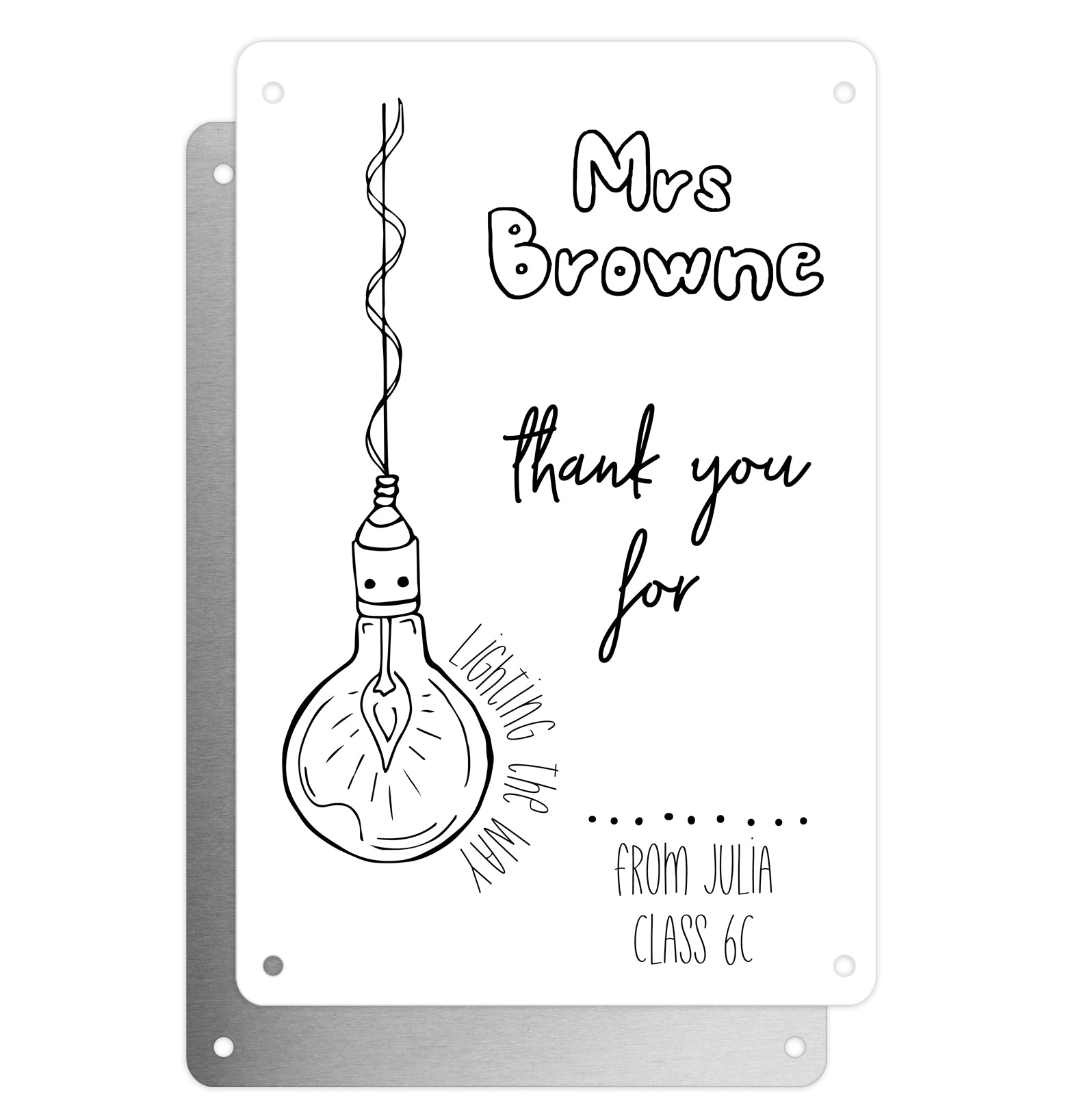 Personalised Teacher Tribute Aluminium Plaque – 'Thank You For Lighting The Way' With Light Bulb Graphic, Leaving Gift