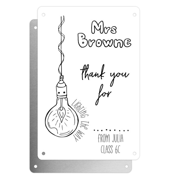 Personalised Teacher Tribute Aluminium Plaque – 'Thank You For Lighting The Way' With Light Bulb Graphic, Leaving Gift