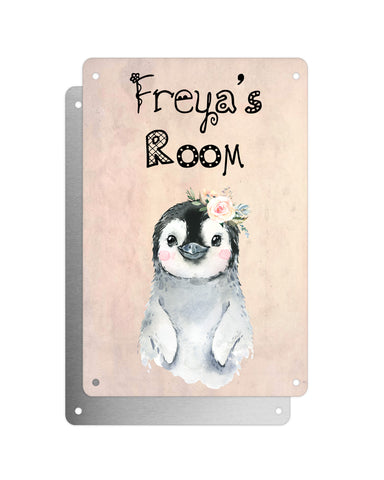 Cute Animal Personalised Name Plaque – Baby Penguin With Flower | Vintage-Style Aluminium Sign for Kids’ Room