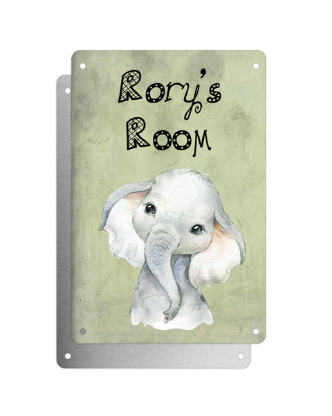 Cute Animal Personalised Name Plaque – Baby Elephant | Vintage-Style Green Aluminium Sign for Kids’ Room