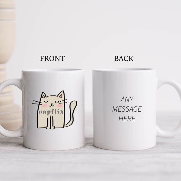 Napflix, Funny Birthday Gift with Cream Cat Design, Personalised Mug