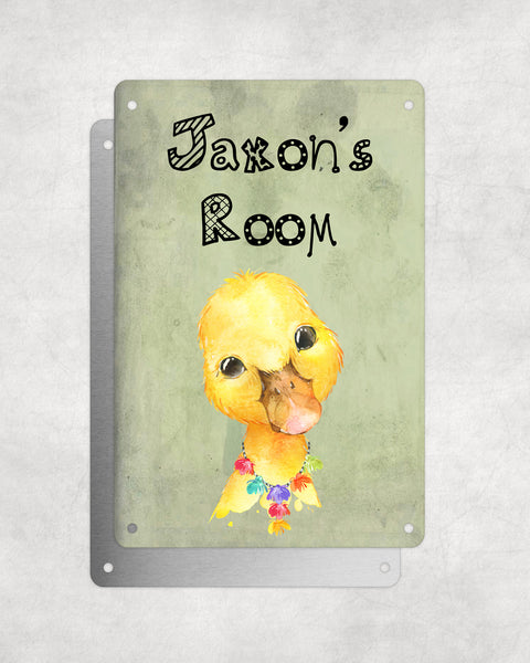 Cute Animal Personalised Name Plaque – Baby Duck With Hawaiian Lei | Vintage-Style Green Aluminium Sign for Kids’ Room