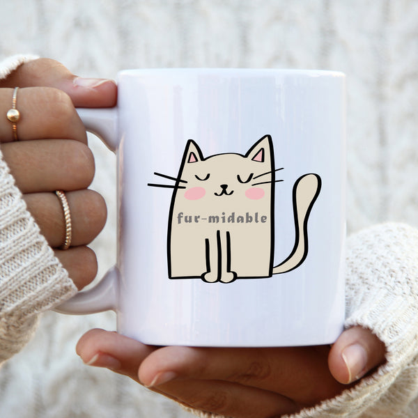 Fur-midable, Funny Birthday Gift with Cream Cat Design, Personalised Mug