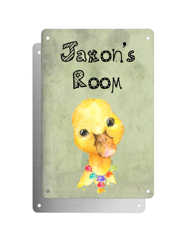 Cute Animal Personalised Name Plaque – Baby Duck With Hawaiian Lei | Vintage-Style Green Aluminium Sign for Kids’ Room
