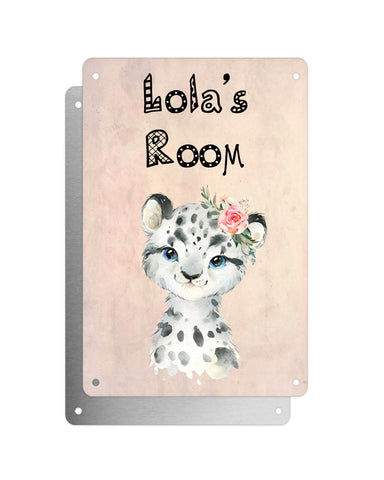 Cute Animal Personalised Name Plaque – Baby Leopard With Flower | Vintage-Style Aluminium Sign for Kids’ Room