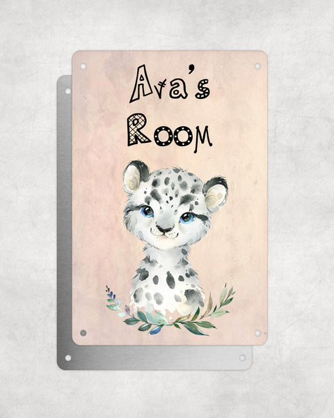 Cute Animal Personalised Name Plaque – Baby Leopard With Wreath | Vintage-Style Aluminium Sign for Kids’ Room