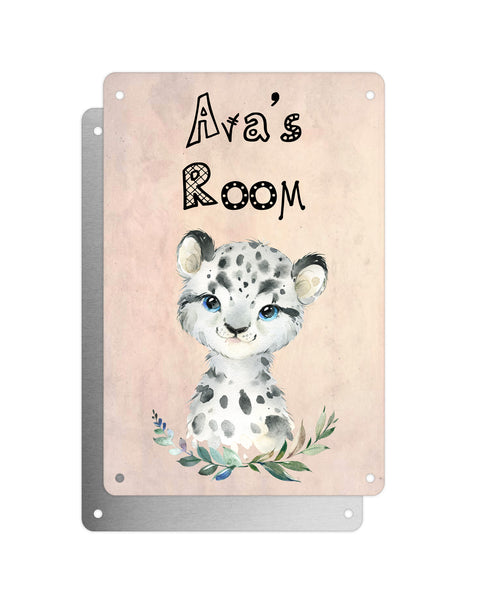 Cute Animal Personalised Name Plaque – Baby Leopard With Wreath | Vintage-Style Aluminium Sign for Kids’ Room
