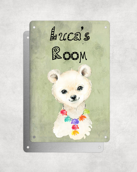 Cute Animal Personalised Name Plaque – Little Polar Bear With Hawaiian Lei | Vintage-Style Green Aluminium Sign for Kids’ Room