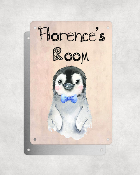Cute Animal Personalised Name Plaque – Baby Penguin With Bow Tie | Vintage-Style Aluminium Sign for Kids’ Room