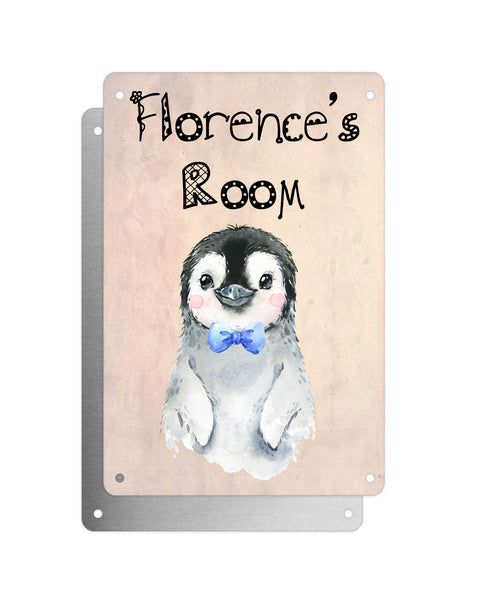 Cute Animal Personalised Name Plaque – Baby Penguin With Bow Tie | Vintage-Style Aluminium Sign for Kids’ Room