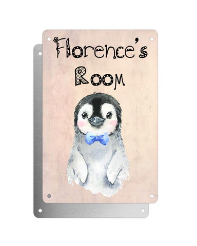 Cute Animal Personalised Name Plaque – Baby Penguin With Bow Tie | Vintage-Style Aluminium Sign for Kids’ Room