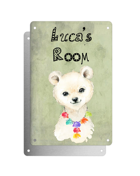 Cute Animal Personalised Name Plaque – Little Polar Bear With Hawaiian Lei | Vintage-Style Green Aluminium Sign for Kids’ Room