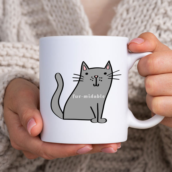 Fur-midable, Funny Birthday Gift with Grey Cat Design, Personalised Mug