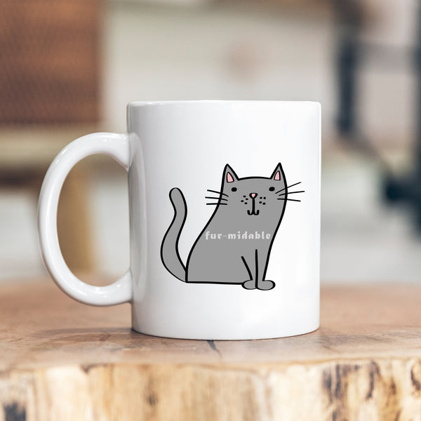 Fur-midable, Funny Birthday Gift with Grey Cat Design, Personalised Mug