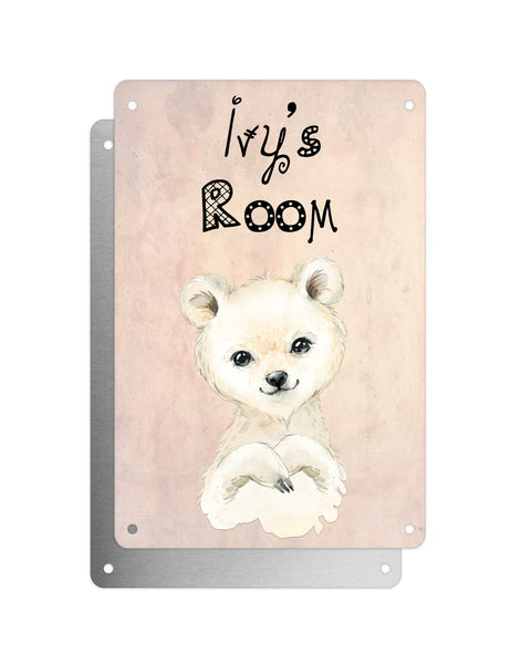 Cute Animal Personalised Name Plaque – Baby Polar Bear | Vintage-Style Aluminium Sign for Kids’ Room