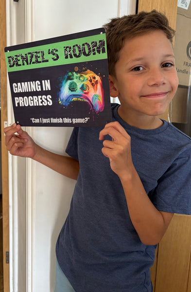 Boys Personalised Bedroom Plaque – "Gaming in Progress | Can I Just Finish This Game?" – Aluminium Metal Sign | Game Controller Design | Gift for Him