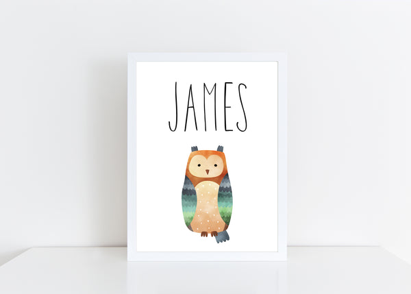 Owl Children's Poster, Personalised White Nursery Print