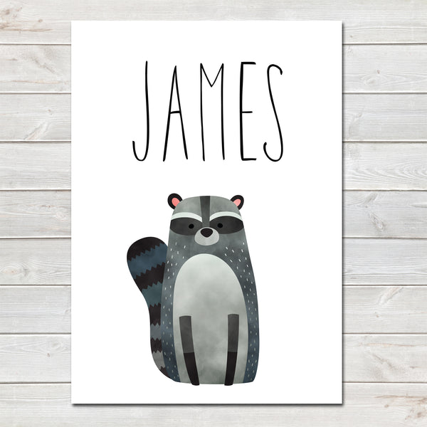 Raccoon Children's Poster, Personalised White Nursery Print