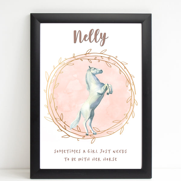 Majestic White Horse Name Print with Quote, Personalised Bedroom Print for Kids