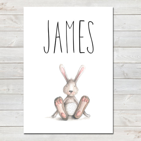 Bunny Rabbit / Hare Children's Poster, Personalised White Nursery Print