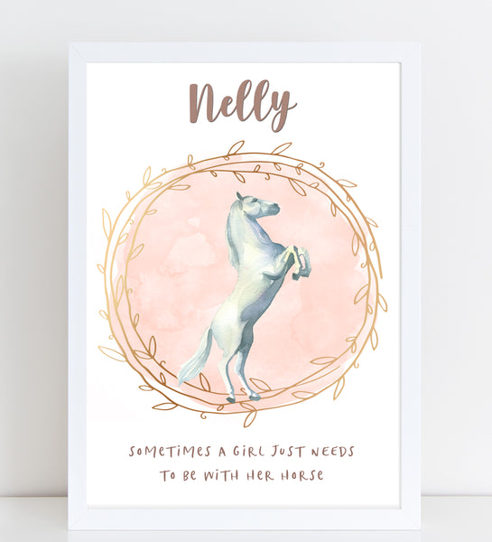 Majestic White Horse Name Print with Quote, Personalised Bedroom Print for Kids