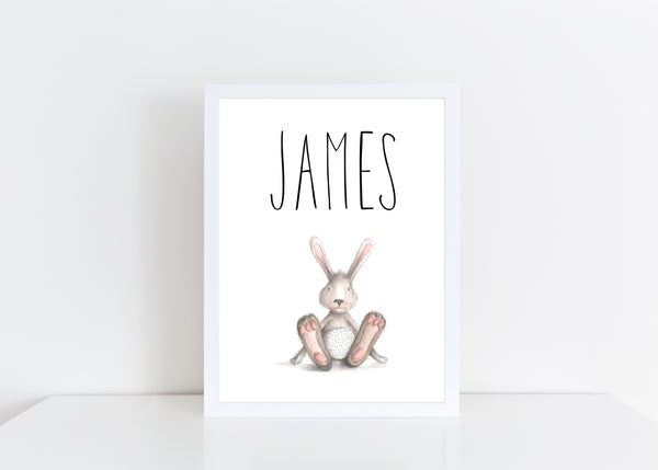 Bunny Rabbit / Hare Children's Poster, Personalised White Nursery Print
