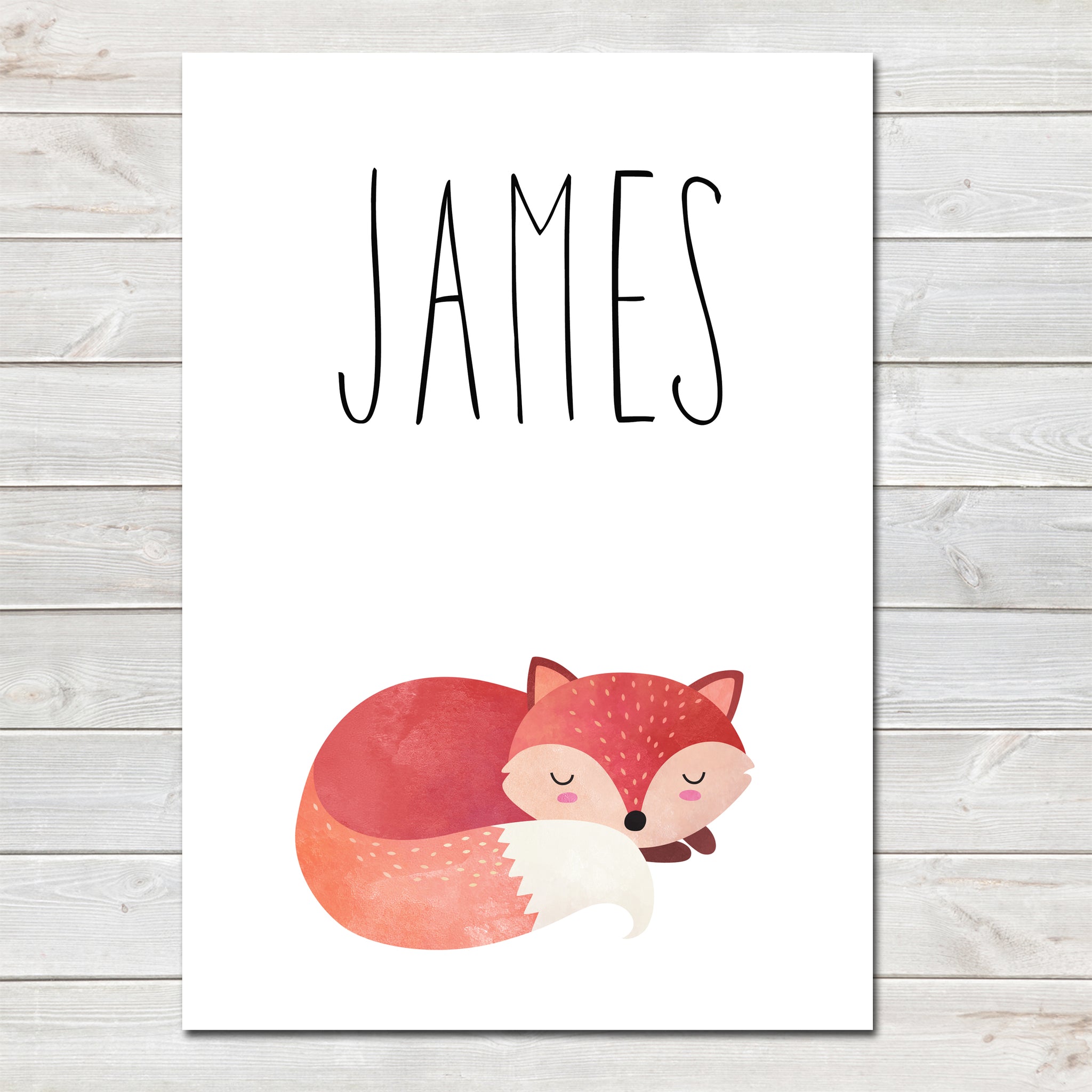 Sleeping Fox Children's Poster, Personalised White Nursery Print