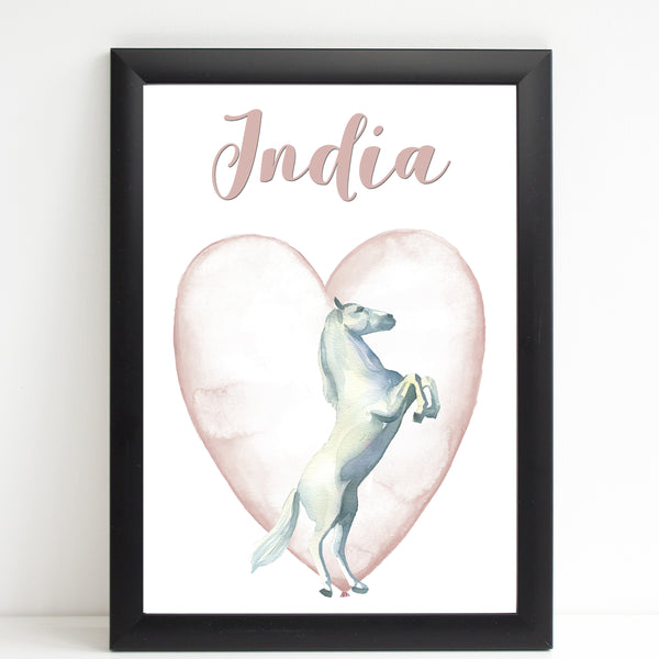 Majestic White Horse Name Print with Heart, Personalised Bedroom Print for Kids