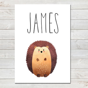 Hedgehog Standing Children's Poster, Personalised White Nursery Print