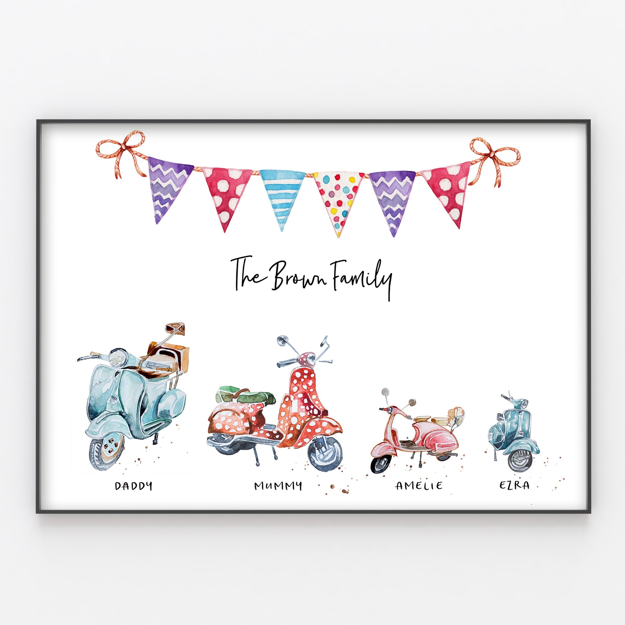 Moped Family Print, Wall Art Gift for Home, Personalised