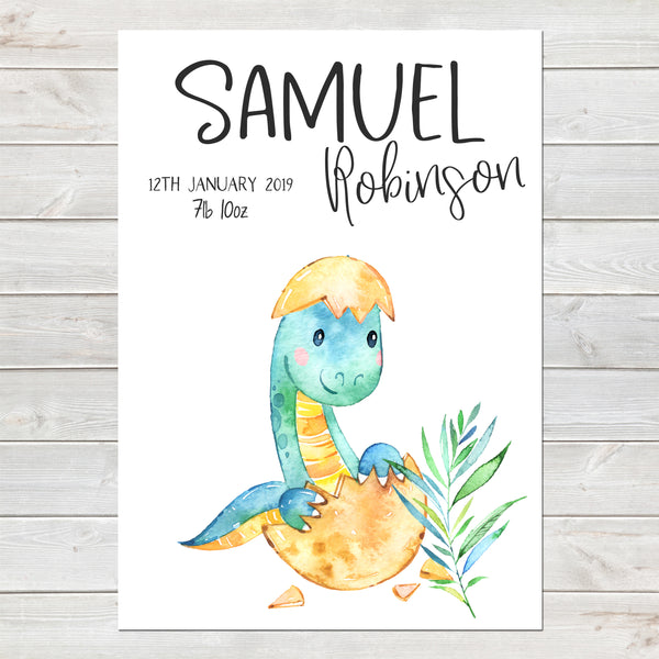 Baby Dinosaur Name Print, Birth Announcement, Personalised Nursery Gift