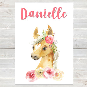 Beautiful Foal Name Print, Pink Floral, Personalised Horse Print for Kids
