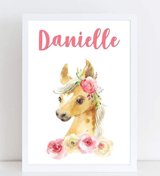 Beautiful Foal Name Print, Pink Floral, Personalised Horse Print for Kids