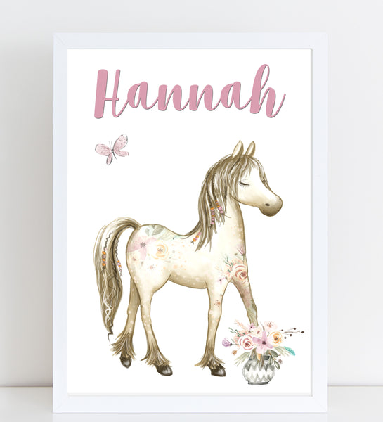 Boho Horse Name Print, Pink Floral, Personalised Pony Print for Kids