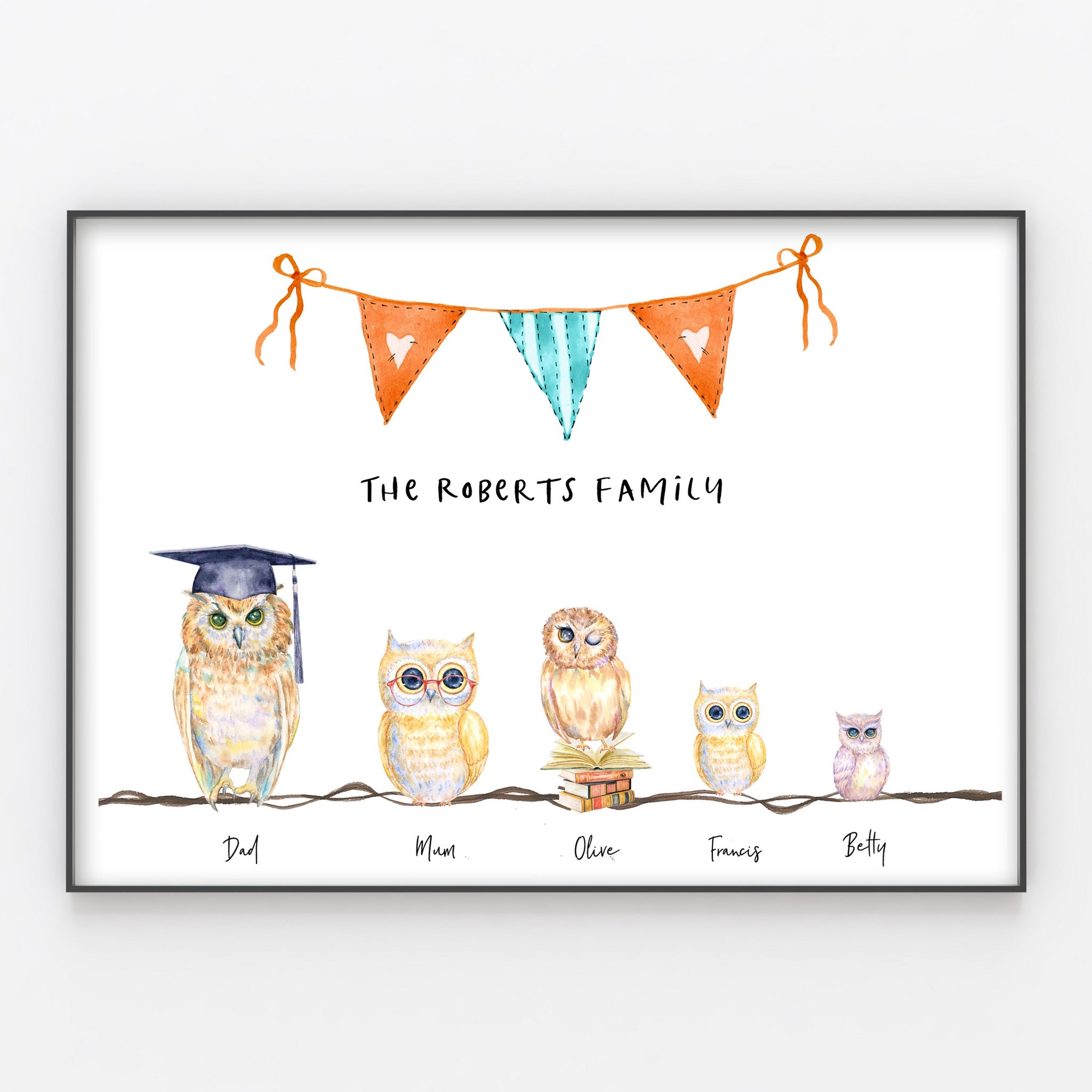 Owls Family Print Personalised Wall Art Gift for Home