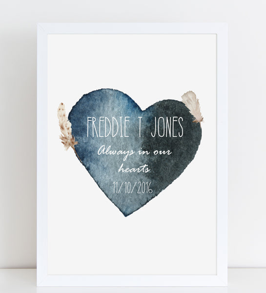 Watercolour Heart with Feathers, Baby Loss Remembrance Personalised Print