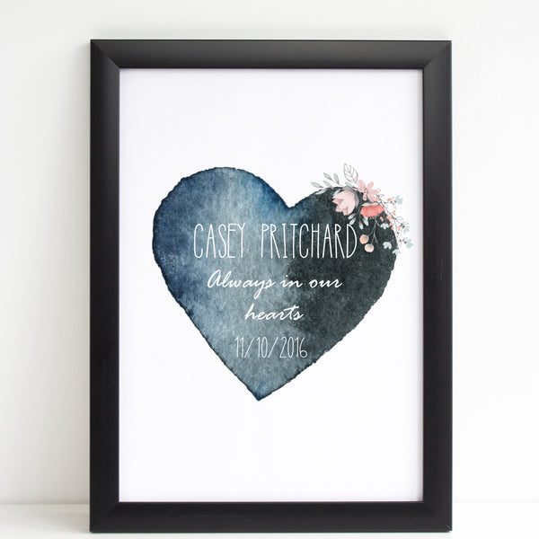 Watercolour Heart with Pink Flowers, Baby Loss Remembrance Personalised Print