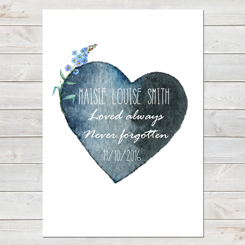 Watercolour Heart with Forget Me Not, Baby Loss Remembrance Personalised Print