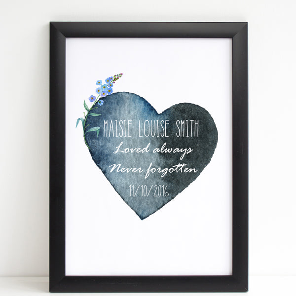 Watercolour Heart with Forget Me Not, Baby Loss Remembrance Personalised Print