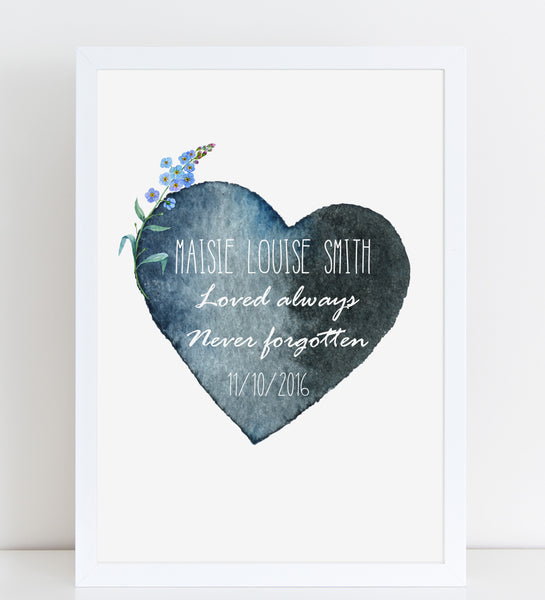 Watercolour Heart with Forget Me Not, Baby Loss Remembrance Personalised Print