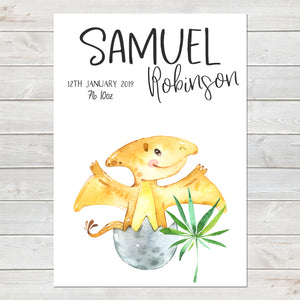 Baby Dinosaur Name Print, Pterodactyl Birth Announcement, Personalised Nursery Gift