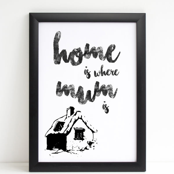 Mothers Day Print 'Home is Where Mum is' Quote White Poster Gift