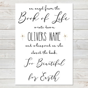 An Angel From the Book of Life Quote, Baby Loss Remembrance Personalised Print