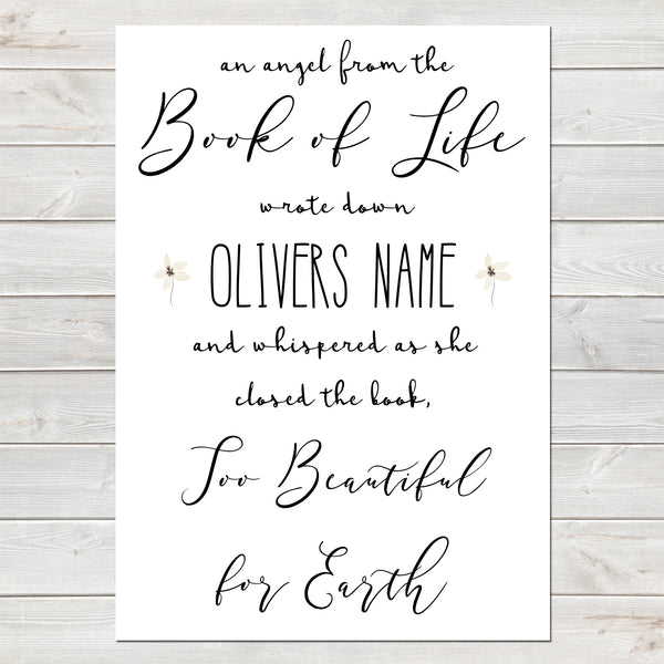 An Angel From the Book of Life Quote, Baby Loss Remembrance Personalised Print