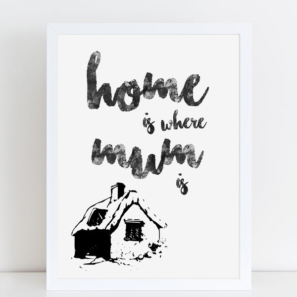 Mothers Day Print 'Home is Where Mum is' Quote White Poster Gift