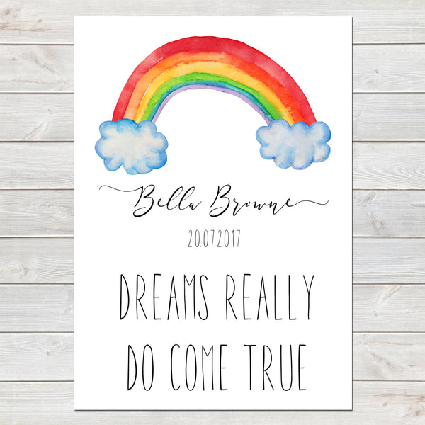 Dreams Really Do Come True, Personalised Rainbow Baby Nursery Print