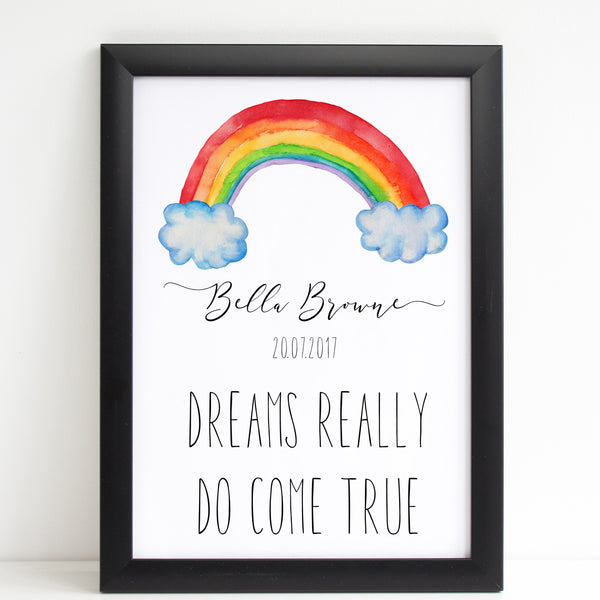 Dreams Really Do Come True, Personalised Rainbow Baby Nursery Print